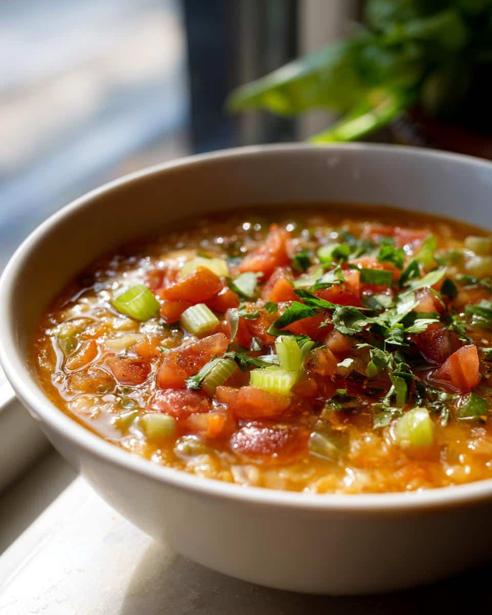 A close-up of a bowl of Ultimate Soup, garnished with diced tomatoes, chopped green onions, and fresh herbs.