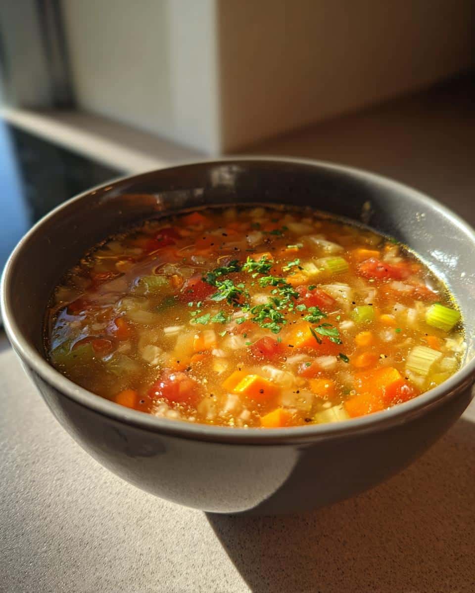 A close-up of a grey bowl filled with a clear broth Ultimate Soup, rich with diced carrots, celery, tomatoes, and garnished with fresh herbs.