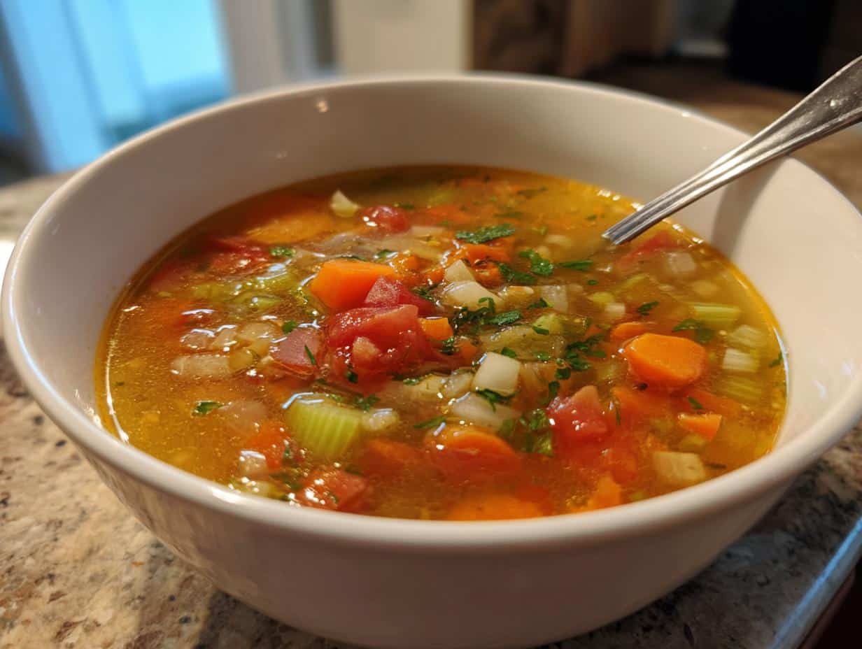 A close-up of a white bowl filled with a clear broth Ultimate Soup, featuring diced carrots, celery, tomatoes, and parsley.