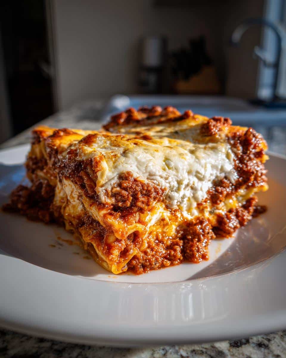 Easy Weeknight Lasagna Everyone Loves in 65 Minutes 3 A close-up of a delicious slice of Weeknight Lasagna on a white plate, showing layers of pasta, meat sauce, and melted cheese.