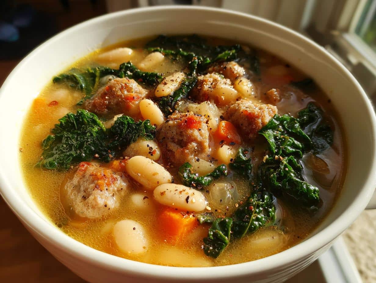 Close-up of a bowl of White Bean and Kale Sausage Soup, showing white beans, green kale, sausage crumbles, and broth.