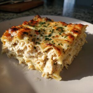 Creamy White Sauce Chicken Lasagna That Never Fails 6 A close-up of a delicious slice of White Sauce Chicken Lasagna on a white plate, topped with melted cheese and parsley.
