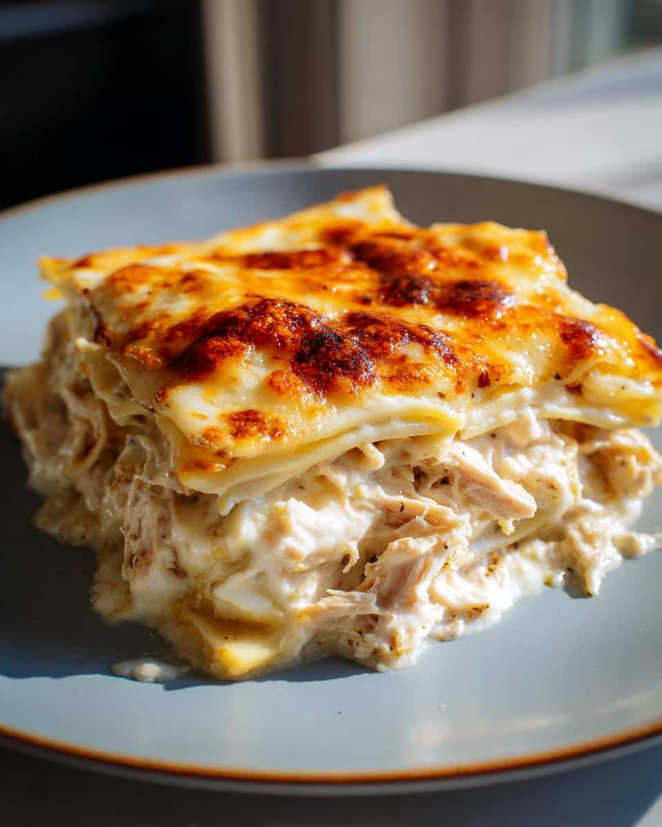 Creamy White Sauce Chicken Lasagna That Never Fails 2 A close-up of a golden-brown slice of White Sauce Chicken Lasagna on a light blue plate, showing creamy layers.
