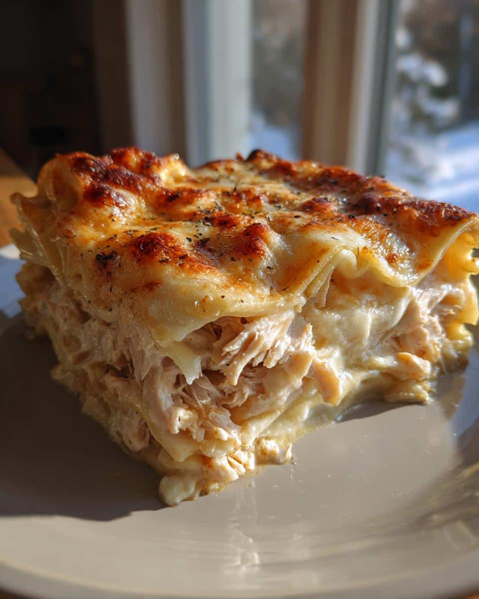Creamy White Sauce Chicken Lasagna That Never Fails 3 A close-up shot of a golden-brown slice of White Sauce Chicken Lasagna on a plate, showing layers of pasta, creamy sauce, and shredded chicken.