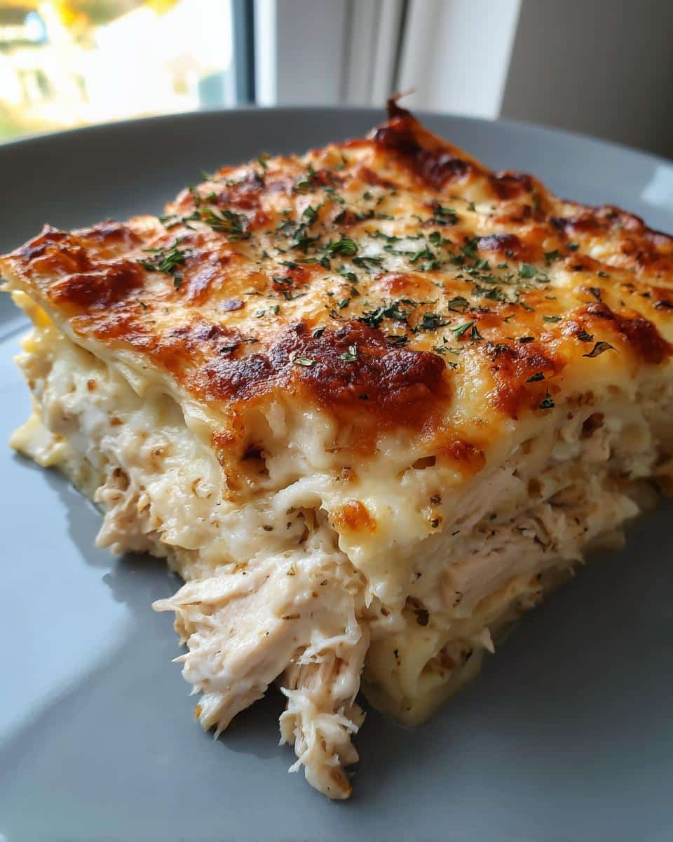 Creamy White Sauce Chicken Lasagna That Never Fails 4 A close-up of a generous slice of White Sauce Chicken Lasagna on a grey plate, topped with golden-brown melted cheese and herbs.