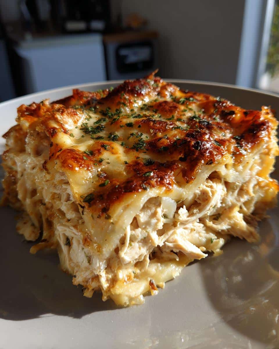 Creamy White Sauce Chicken Lasagna That Never Fails 5 A close-up of a golden-brown slice of White Sauce Chicken Lasagna on a grey plate, topped with melted cheese and herbs.