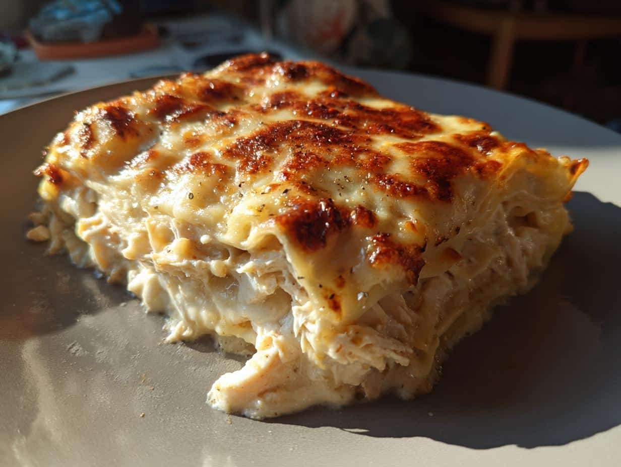 Creamy White Sauce Chicken Lasagna That Never Fails 1 A close-up of a slice of White Sauce Chicken Lasagna on a grey plate, featuring golden-brown melted cheese on top.