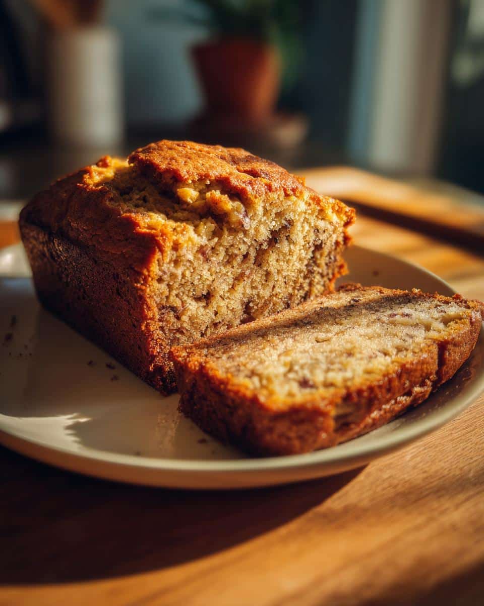A golden brown loaf of World's Best Banana Bread with one slice cut, sitting on a white plate on a wooden surface.