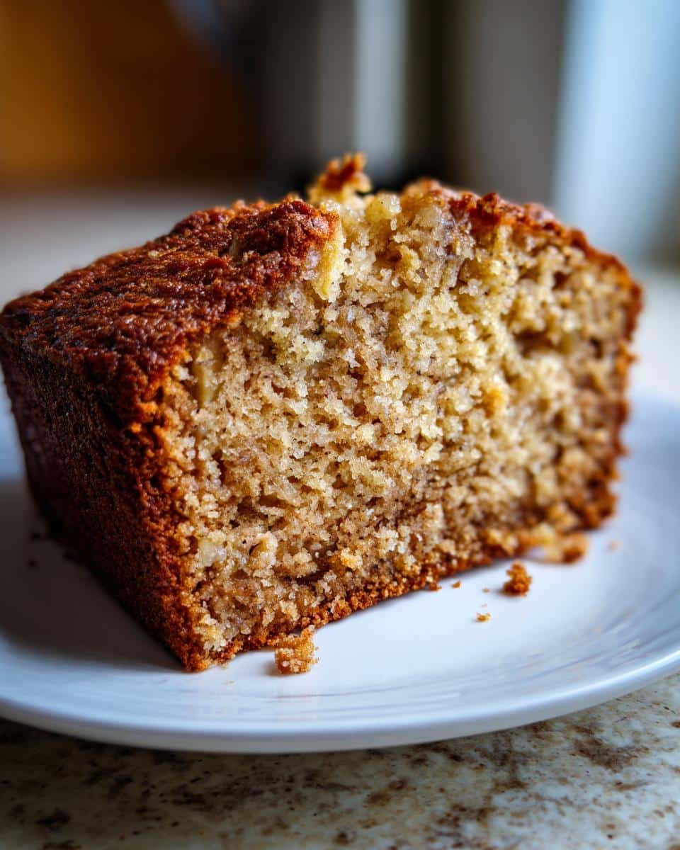 A close-up of a golden-brown slice of World's Best Banana Bread on a white plate, showing its moist texture.
