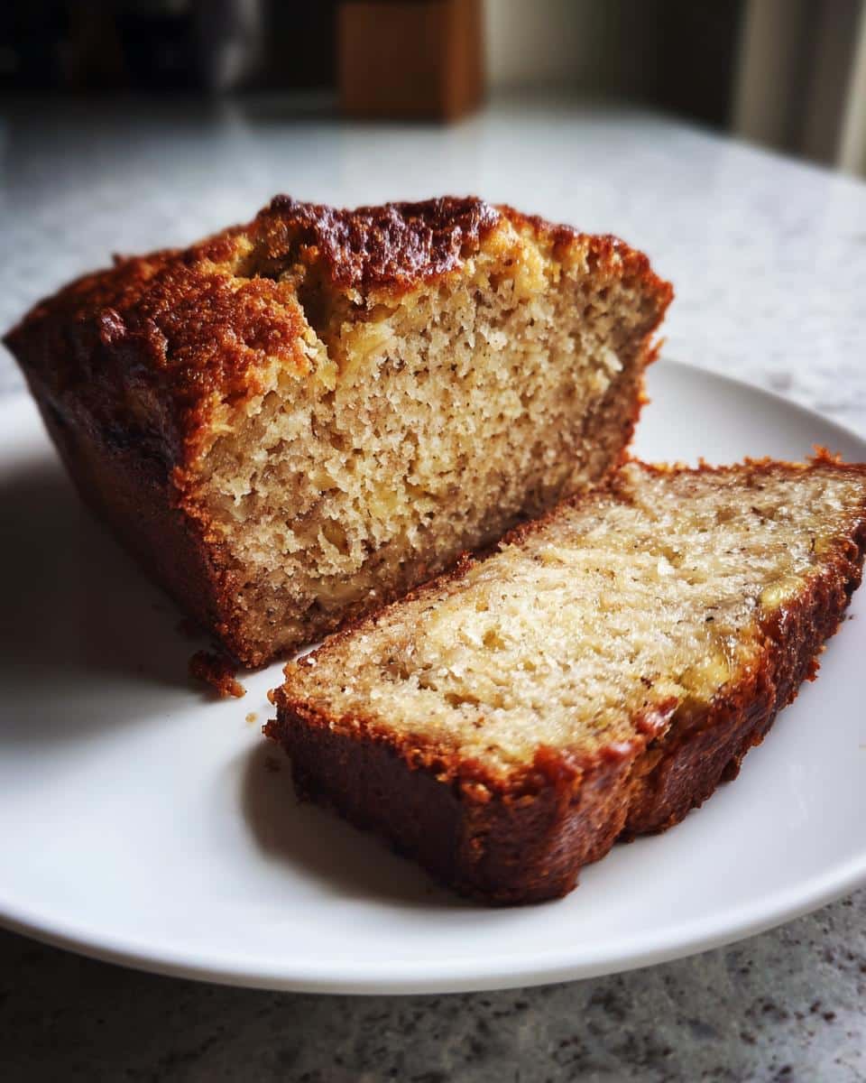 A close-up of a loaf of World's Best Banana Bread with one slice cut and placed next to it on a white plate.