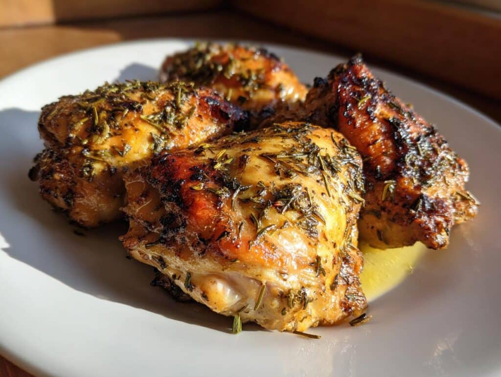 Four perfectly cooked Zesty Herb Marinated Chicken Thighs on a white plate, glistening with herbs and golden-brown skin.