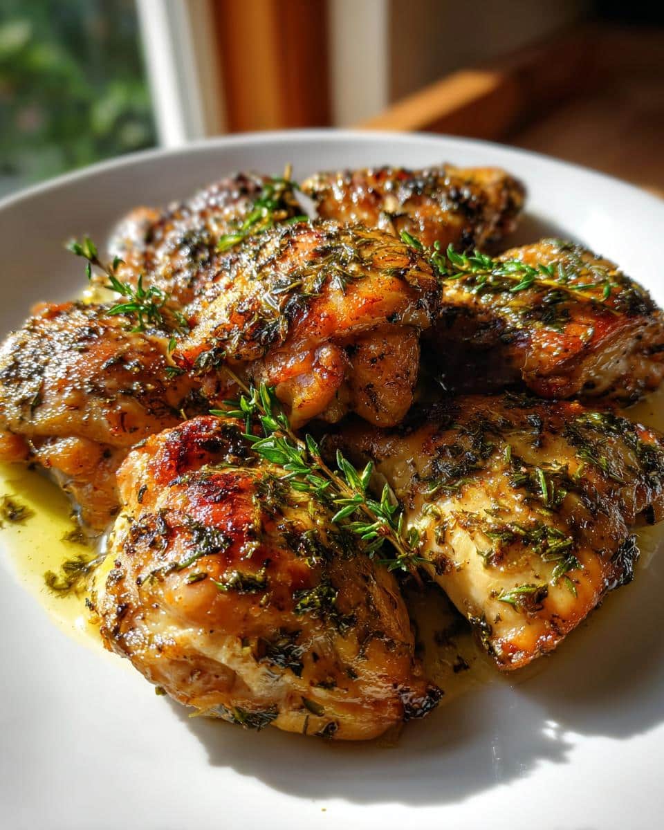 Close-up of golden brown Zesty Herb Marinated Chicken Thighs garnished with fresh thyme on a white plate.