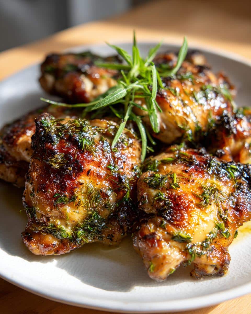 Close-up of golden-brown Zesty Herb Marinated Chicken Thighs garnished with fresh rosemary on a white plate.