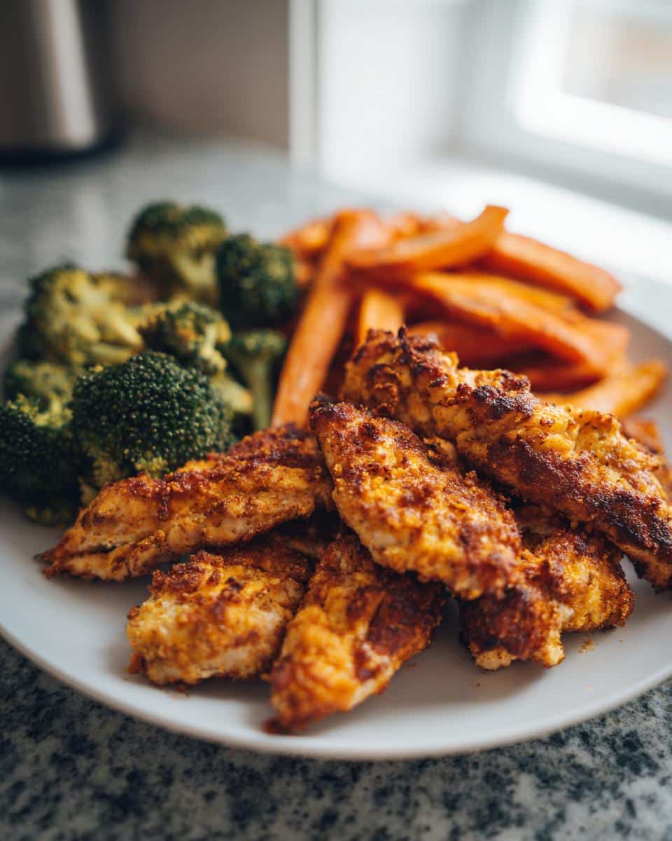 A plate of crispy Air Fryer Chicken Tenders served with steamed broccoli and carrot sticks, perfect for Quick and Easy Air Fryer Dinner Recipes.