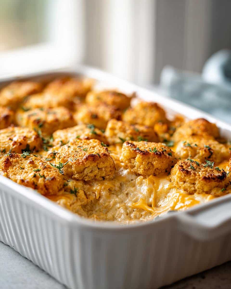 Close-up of a white baking dish filled with golden brown Crack Chicken Casserole topped with biscuits and fresh parsley.