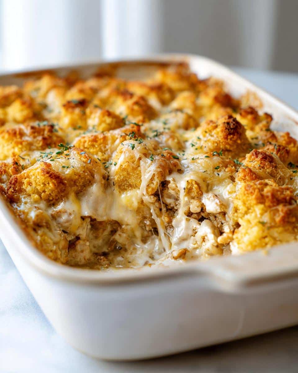 Close-up of a baked Crack Chicken Casserole in a white baking dish, showing melted cheese and golden topping.