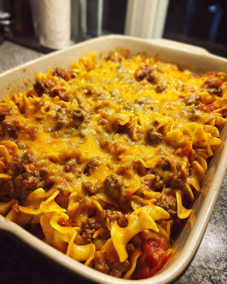 A close-up of a baked Saucy Hobo Casserole Ground Beef Dinner in a rectangular dish, topped with melted cheddar cheese.
