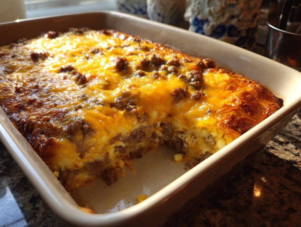 A golden brown Sausage Hash Brown Casserole in a baking dish, with a scoop removed showing the layers.
