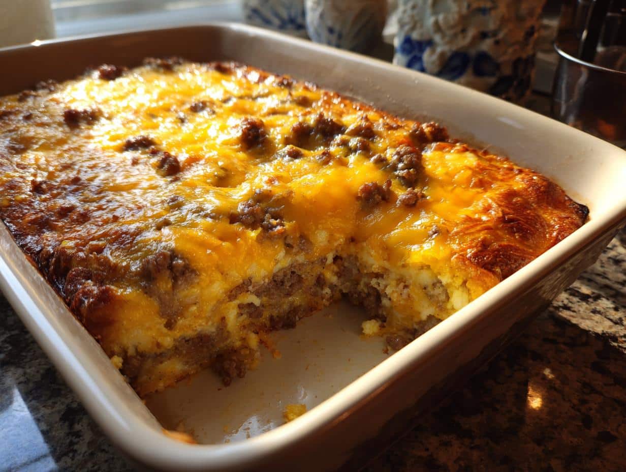 A golden brown Sausage Hash Brown Casserole in a baking dish, with a scoop removed showing the layers.