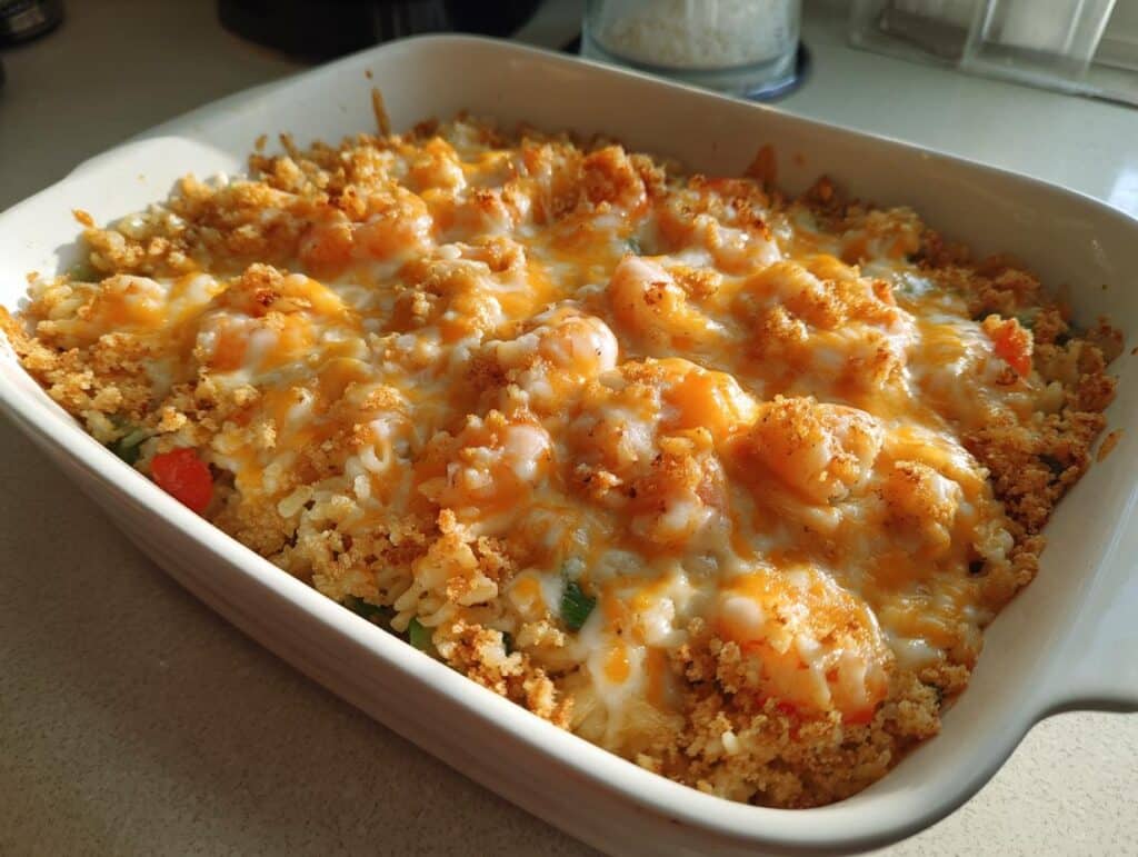 A close-up of a golden-brown Shrimp Casserole Recipe in a white baking dish, topped with melted cheese and crispy breadcrumbs.