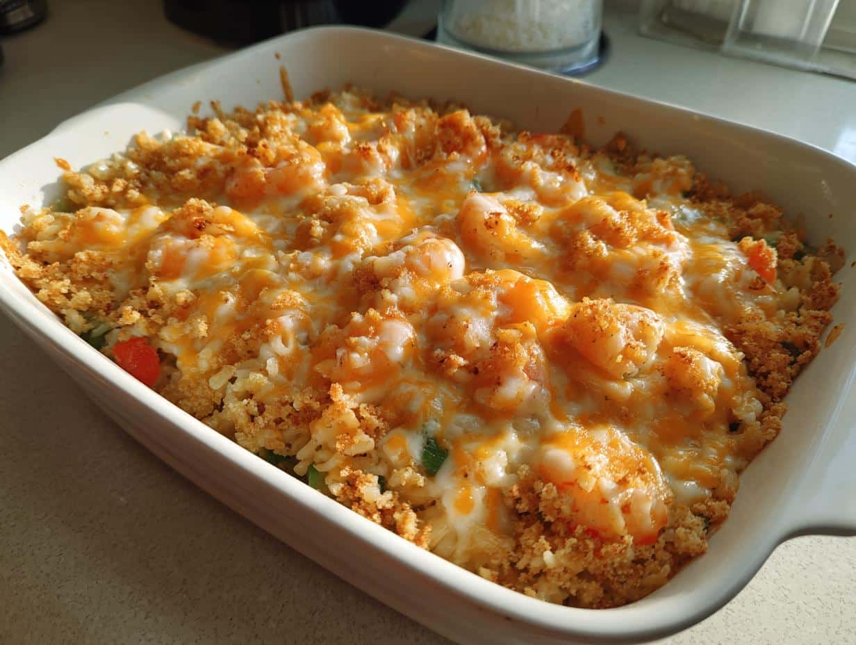 A close-up of a golden-brown Shrimp Casserole Recipe in a white baking dish, topped with melted cheese and crispy breadcrumbs.