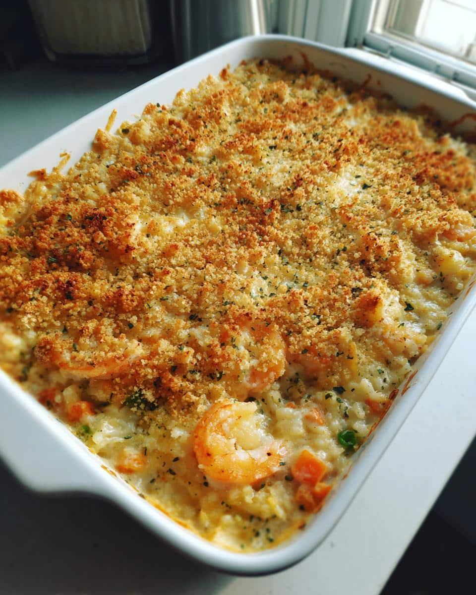 A close-up of a baked Shrimp Casserole Recipe in a white dish, showing a golden-brown breadcrumb topping and visible shrimp and vegetables.
