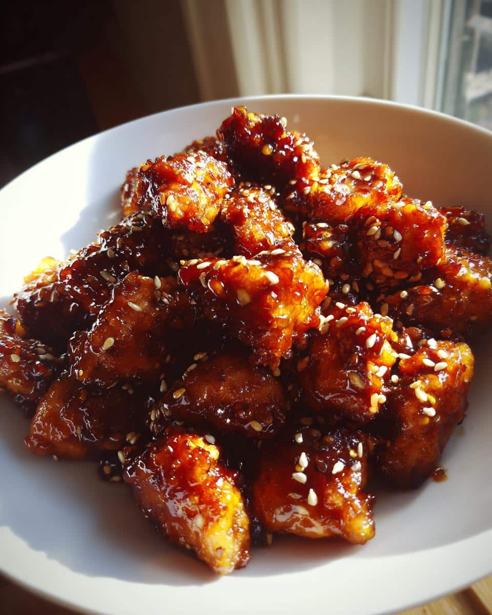 Close-up of a bowl filled with glistening Balanced Healthy Sesame Chicken pieces, coated in a dark sauce and sprinkled with sesame seeds.