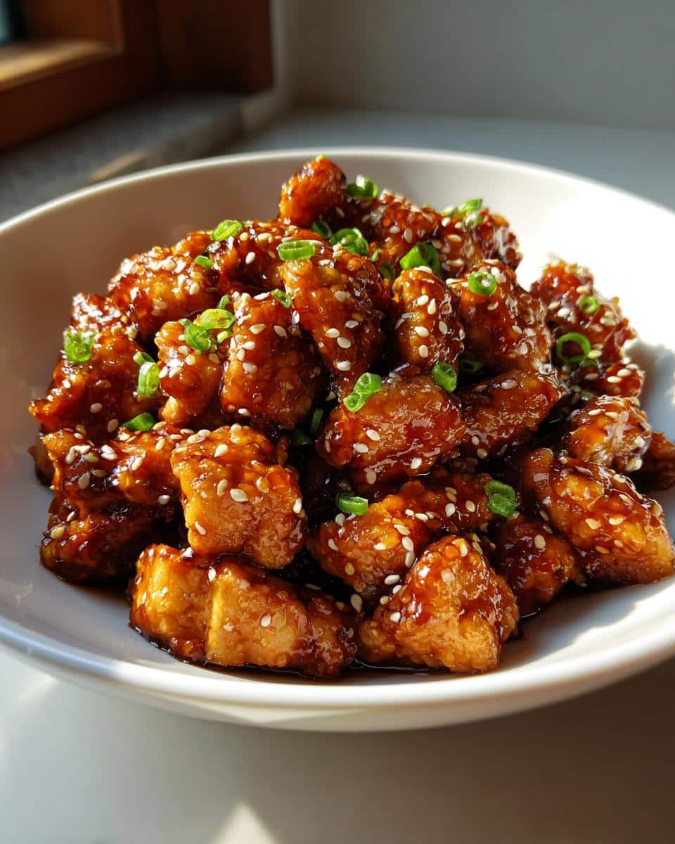 A white bowl filled with glistening pieces of Balanced Healthy Sesame Chicken, garnished with sesame seeds and chopped green onions.