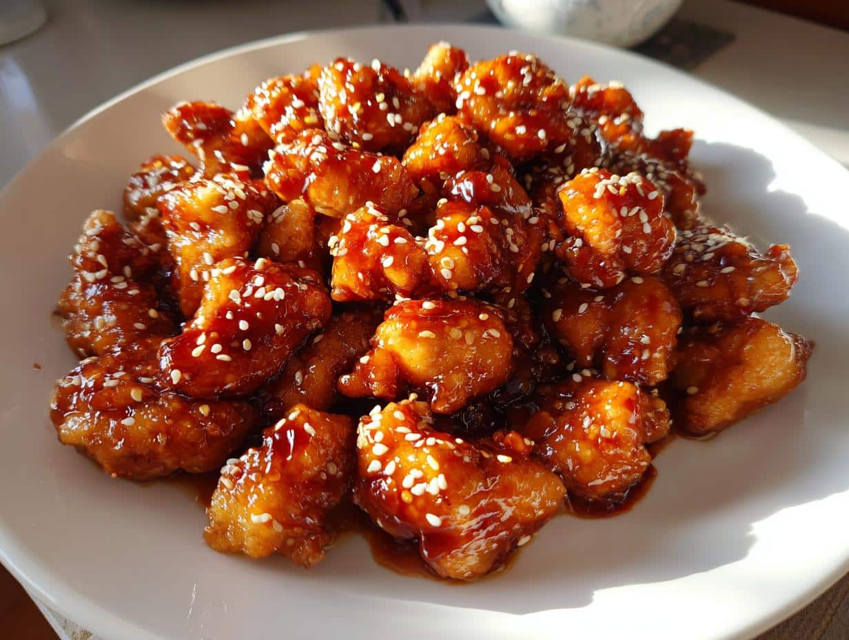 A close-up shot of a white plate filled with glistening, golden-brown Balanced Healthy Sesame Chicken pieces, generously sprinkled with white sesame seeds.