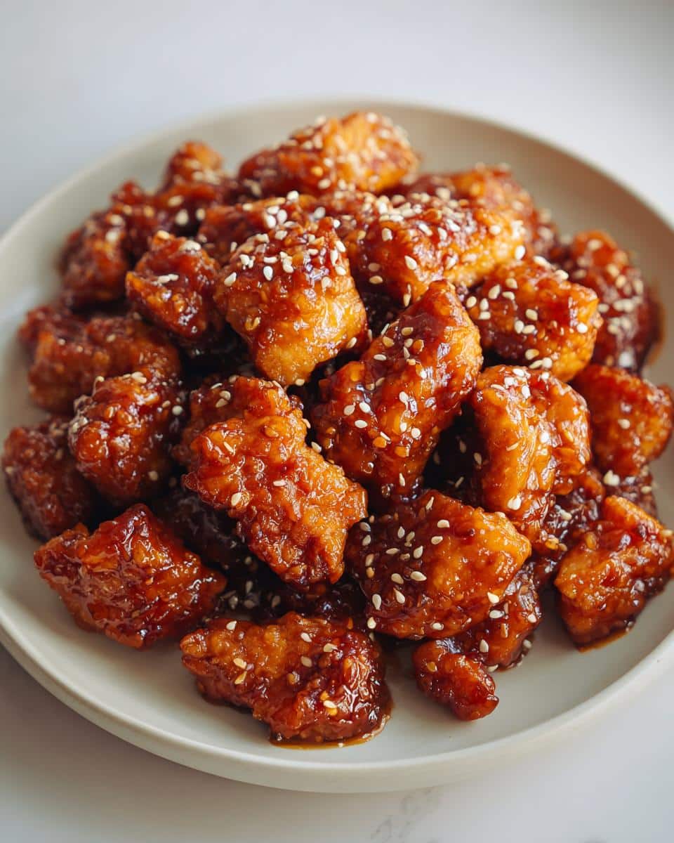 A close-up shot of a plate piled high with glistening Balanced Healthy Sesame Chicken pieces, sprinkled with white sesame seeds.