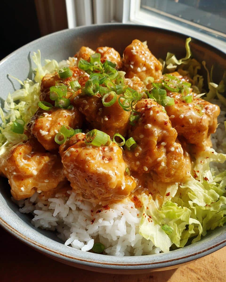 A close-up of a Bang Bang Chicken Bowl with crispy chicken, creamy sauce, rice, lettuce, and green onions.