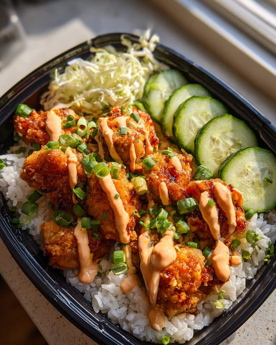 A vibrant Bang Bang Chicken Bowl for Meal Prep Lunch with crispy chicken, rice, cucumbers, and shredded cabbage.