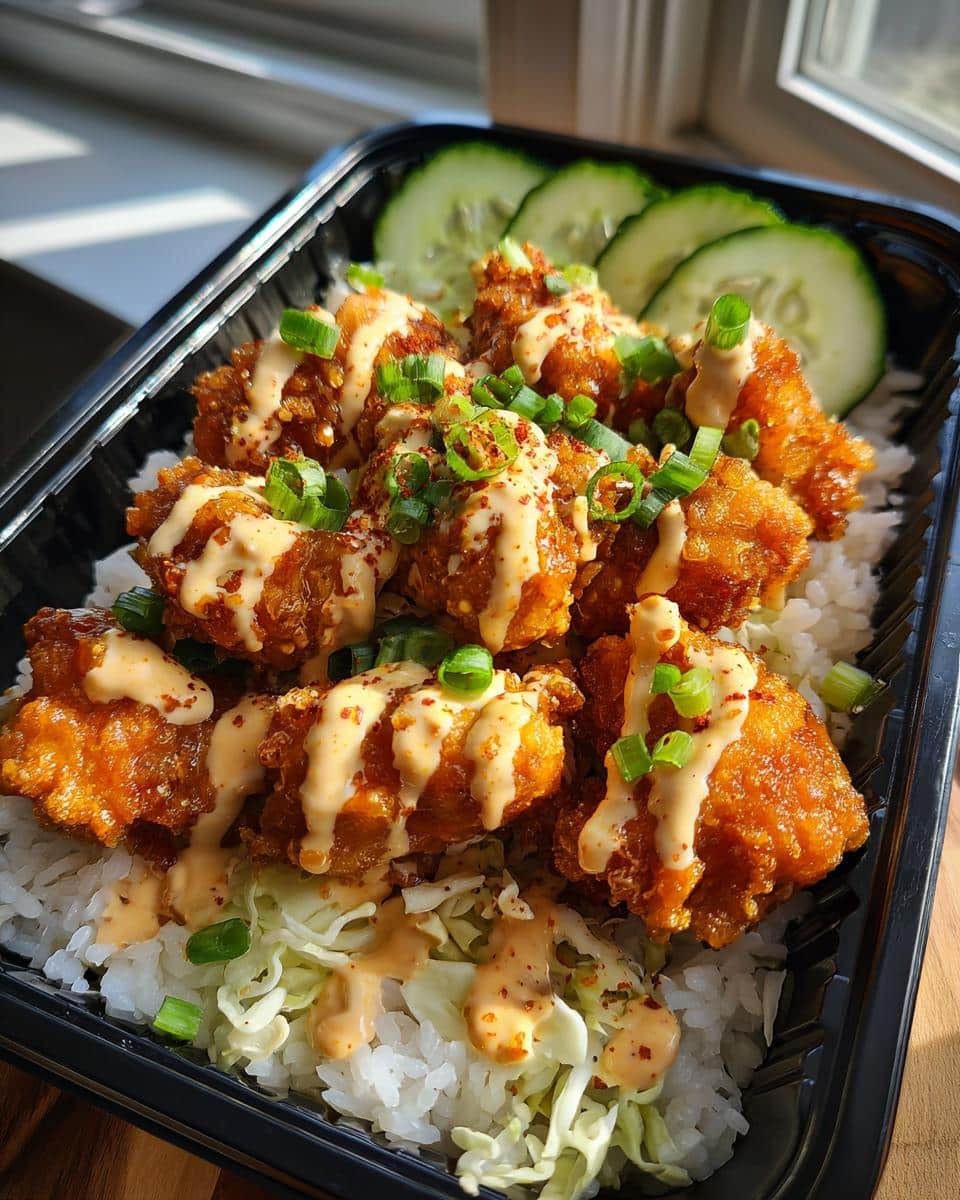A close-up of a Bang Bang Chicken Bowl for Meal Prep Lunch, featuring crispy chicken, rice, shredded cabbage, cucumbers, and a creamy sauce.