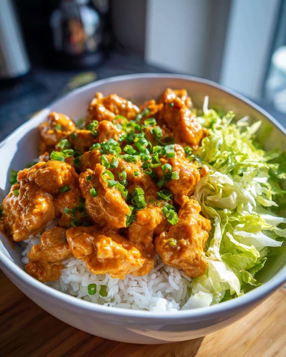 A close-up of a Bang Bang Chicken Bowl Recipe with crispy chicken, white rice, shredded lettuce, and green onions.