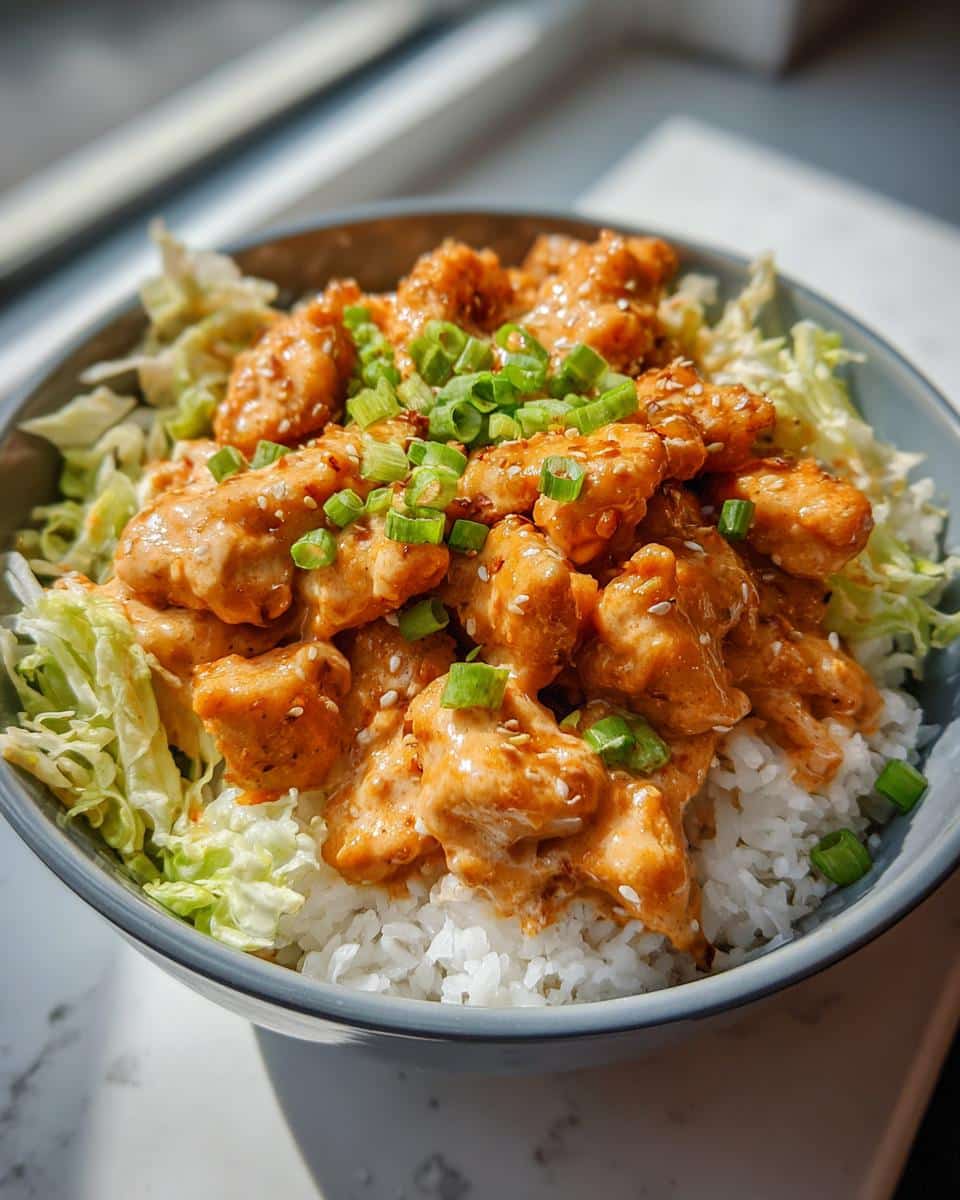 A close-up of a Bang Bang Chicken Bowl featuring crispy chicken, rice, shredded cabbage, and green onions.