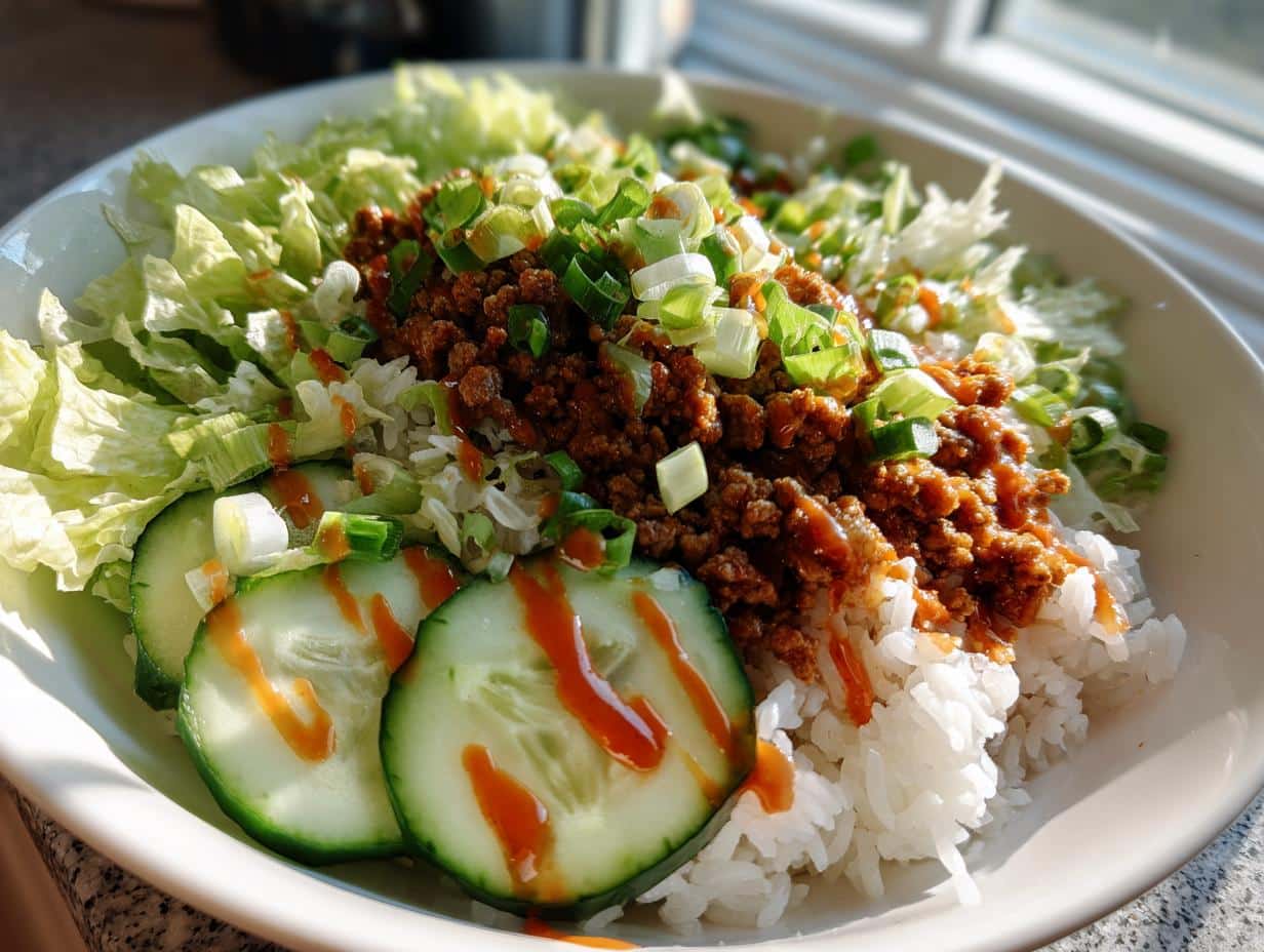 A close-up of a colorful Bang Bang Ground Turkey Rice Bowl with ground turkey, white rice, shredded lettuce, cucumber slices, and green onions, drizzled with sauce.