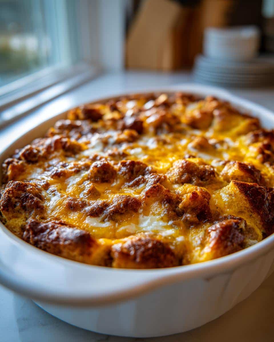 Close-up of a golden-brown Biscuits and Gravy Breakfast Casserole in a white baking dish, fresh from the oven.
