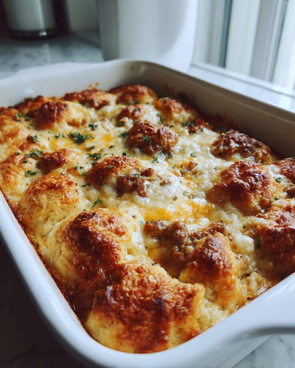 A close-up of a golden-brown Biscuits and Gravy Breakfast Casserole in a white baking dish, topped with melted cheese and herbs.
