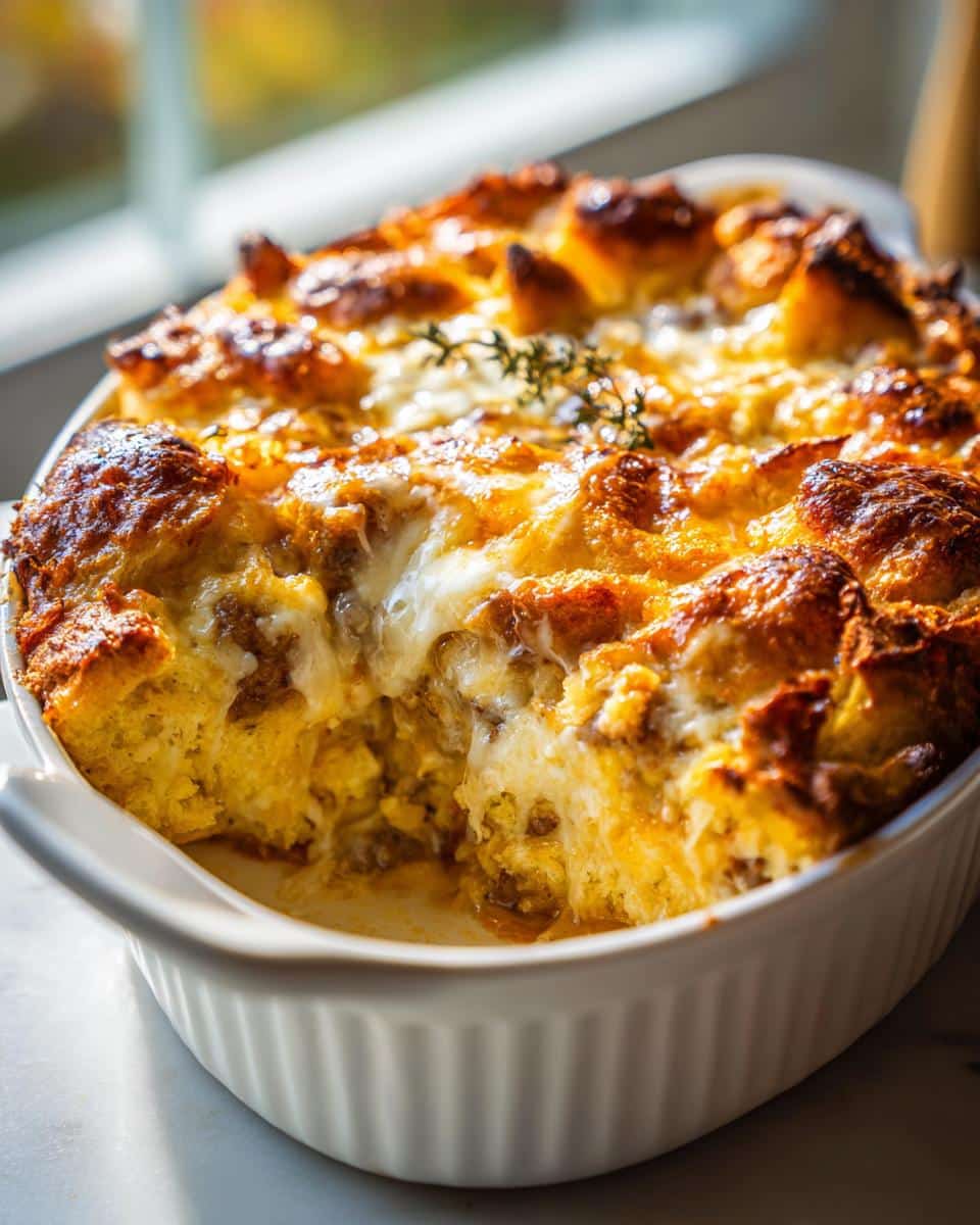 Close-up of a golden-brown Biscuits and Gravy Breakfast Casserole in a white baking dish, with a scoop removed.