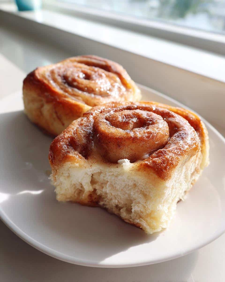 Two warm, fluffy Cafe-Style Breakfast Rolls on a white plate, one with a bite taken out, showing the soft interior and shiny glaze.