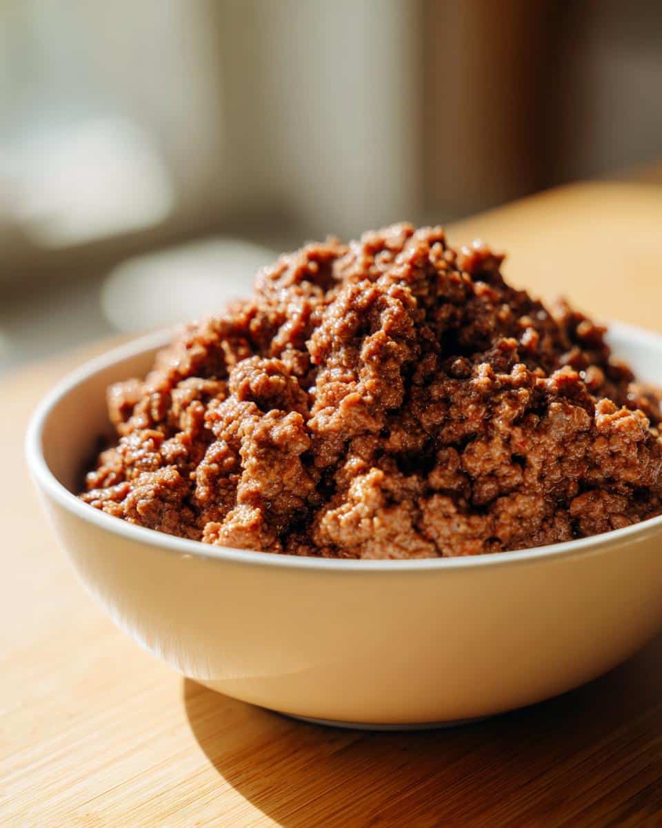 A close-up of a white bowl filled with perfectly cooked, seasoned ground beef, ready for Easy Ground Beef Recipes.