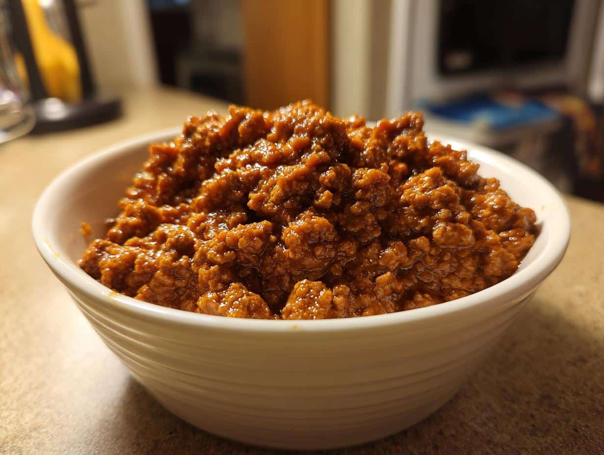 A white bowl filled with cooked, seasoned ground beef, ready for various Easy Ground Beef Recipes.