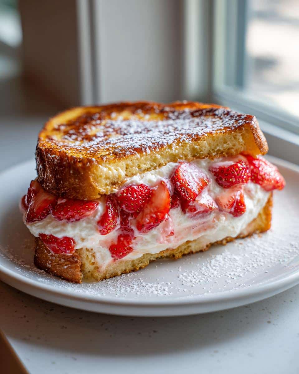 A close-up of a golden-brown Breakfast Morning Strawberry Cheesecake Stuffed French Toast, dusted with powdered sugar and filled with cream cheese and fresh strawberries.