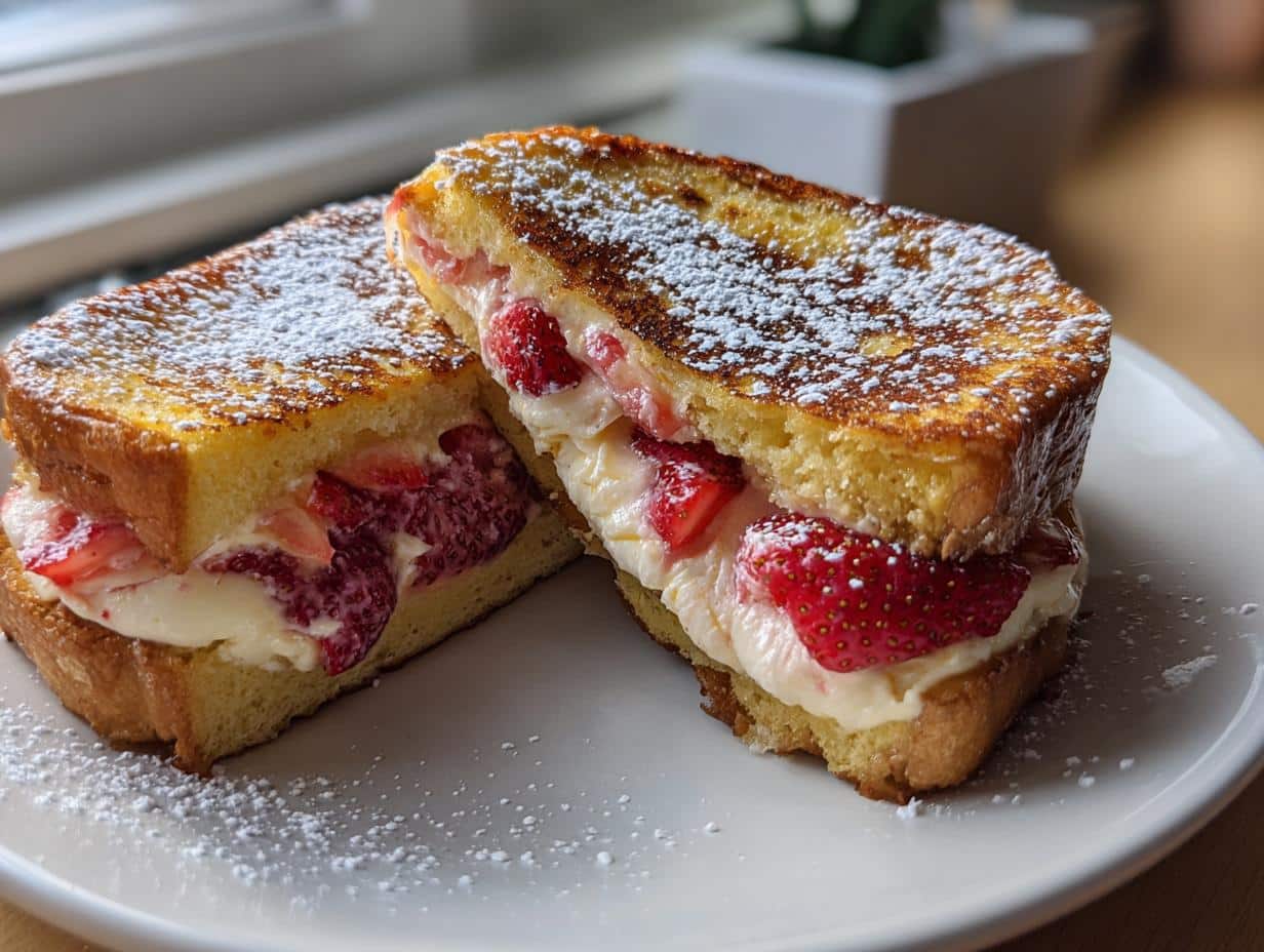 Two halves of golden-brown Breakfast Morning Strawberry Cheesecake Stuffed French Toast on a white plate, dusted with powdered sugar.