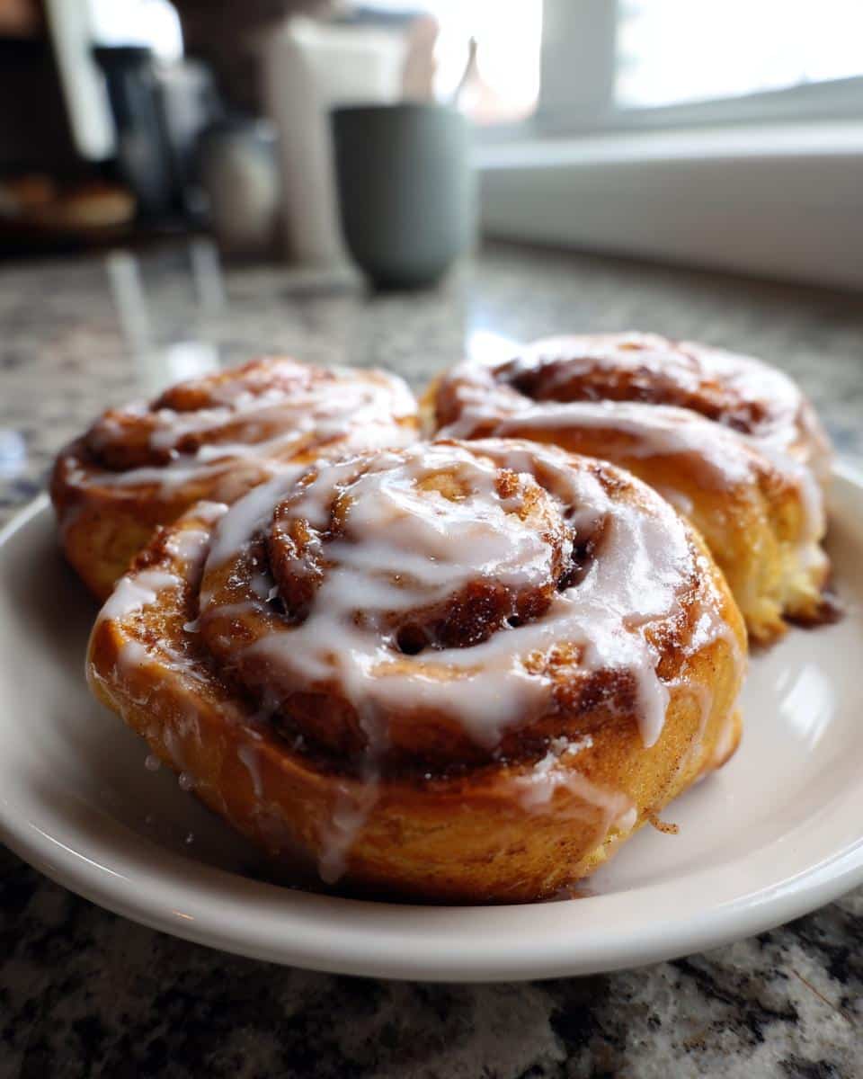 Three warm, fluffy Cafe-Style Breakfast Rolls with white icing on a white plate, on a granite countertop.