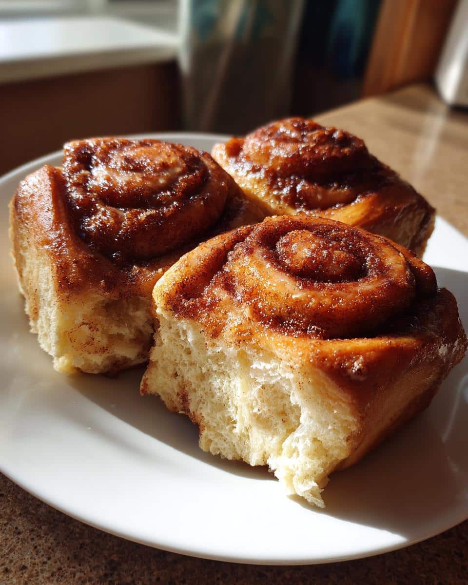 Three warm, fluffy Cafe-Style Breakfast Rolls with cinnamon and glaze on a white plate, one broken open to show the soft interior.
