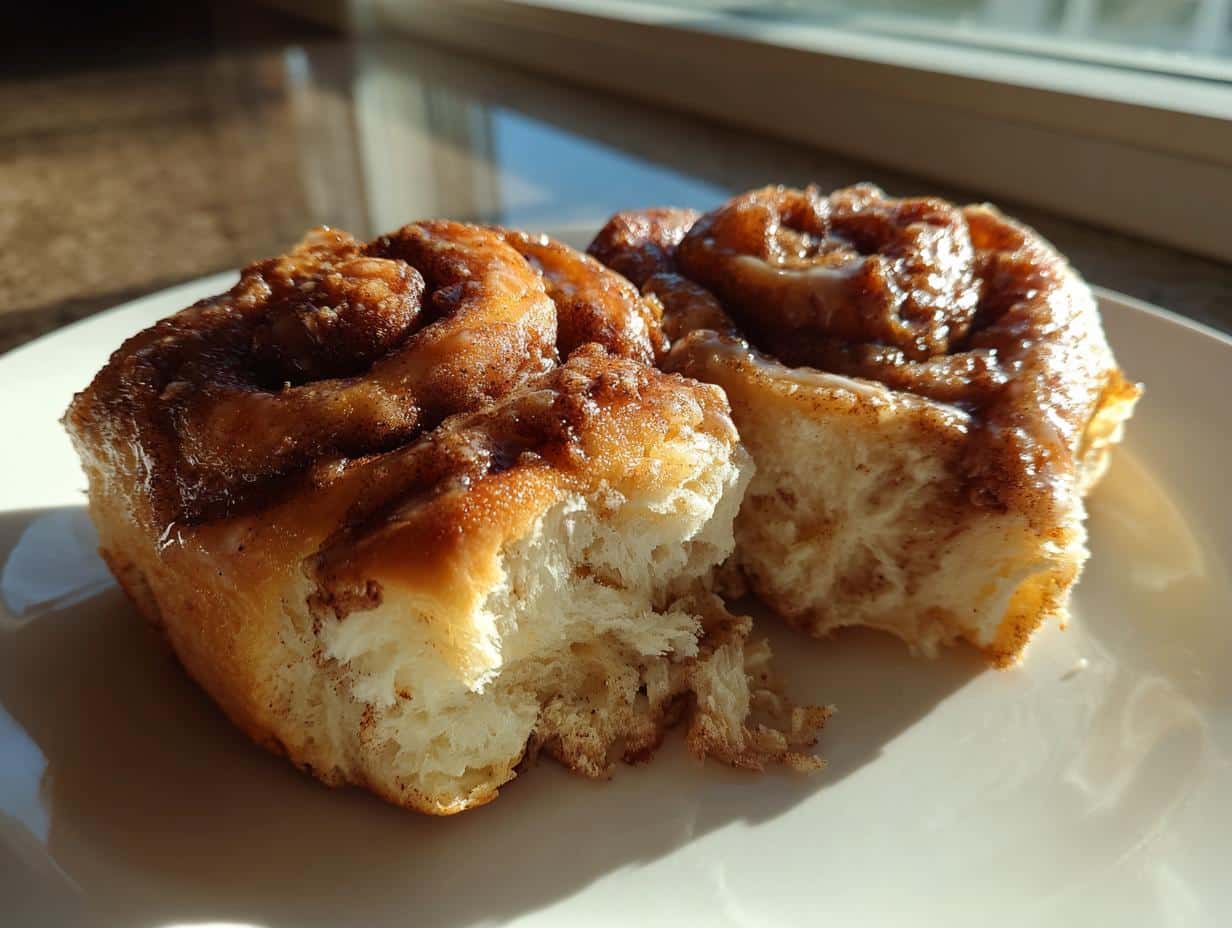 Two warm, fluffy Cafe-Style Breakfast Rolls with cinnamon and glaze on a white plate, bathed in sunlight.