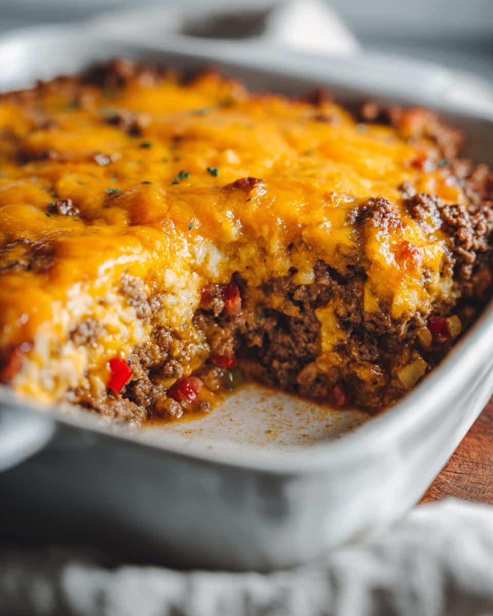 Close-up of a cheesy ground beef casserole with a scoop taken out, showing the saucy and easy family dinner casseroles layers.