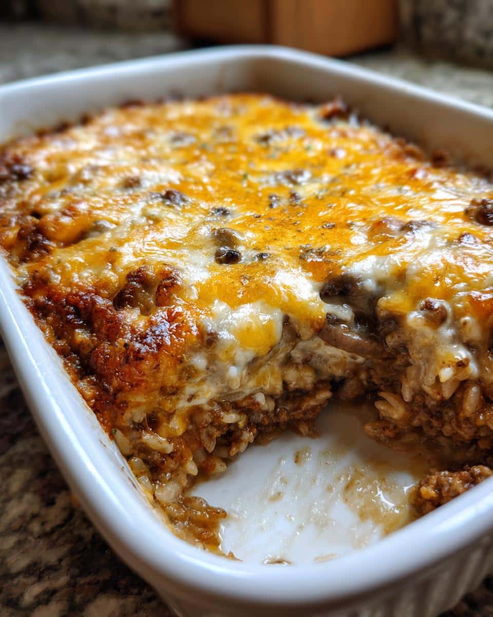 Close-up of a baked Cheesy Hamburger Rice Casserole in a white baking dish with a scoop removed, showing layers of rice, hamburger, and melted cheese.