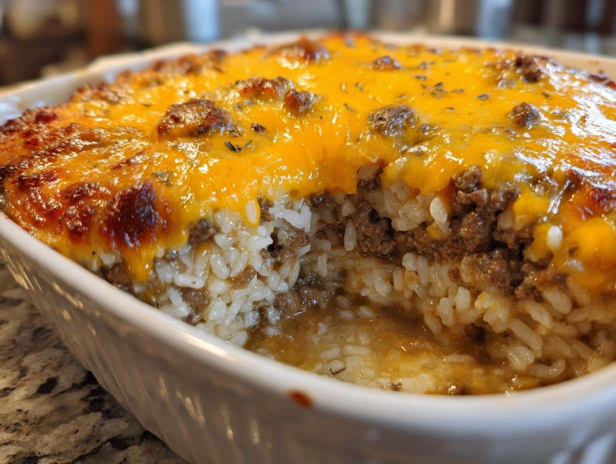 Close-up of a Cheesy Hamburger Rice Casserole in a white baking dish, showing layers of rice, ground beef, and melted cheddar cheese.